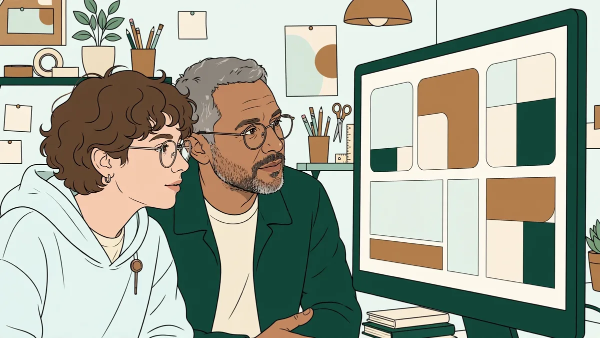 Une apprentie graphiste et son maître d'apprentissage revoient ensemble une mise en page sur un grand écran dans un petit studio.