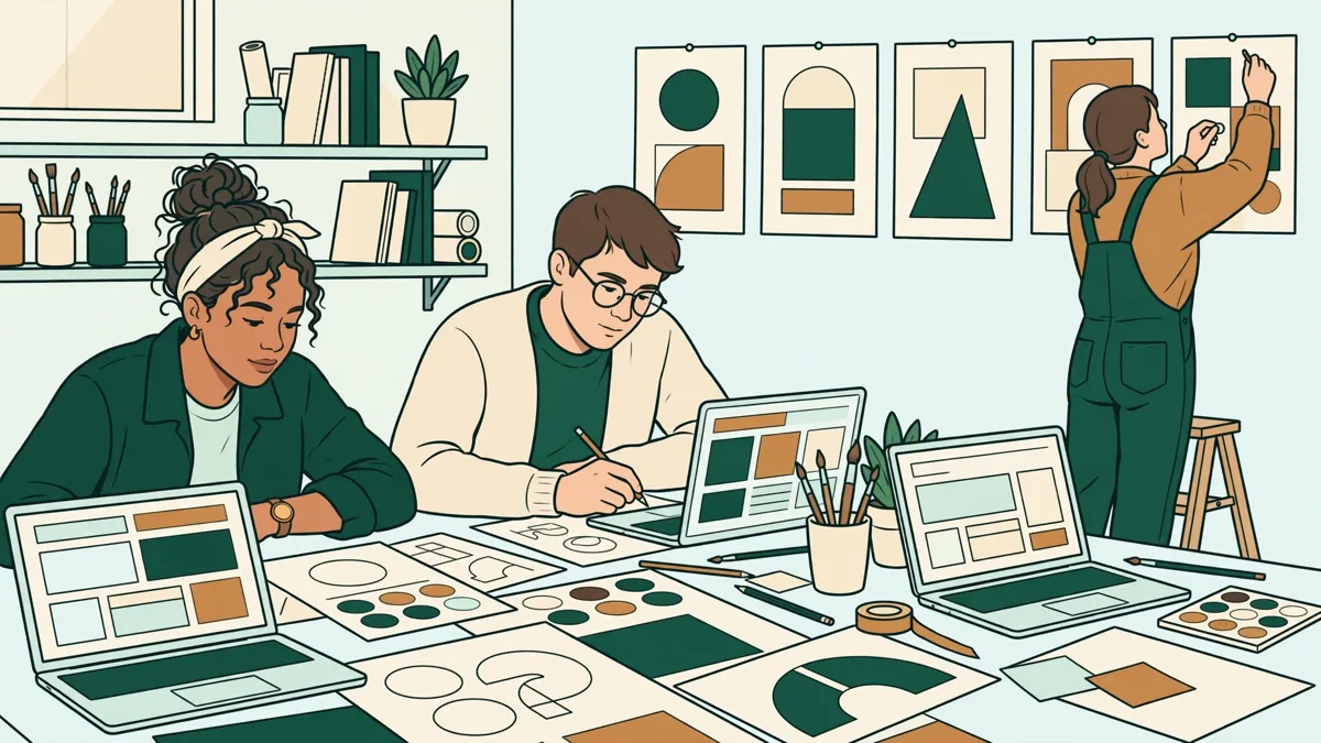 Trois étudiants en école d'art autour d'une grande table couverte de croquis de logos, d'essais typographiques et d'écrans montrant des déclinaisons