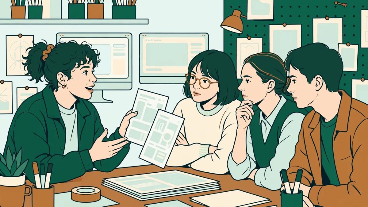 Une apprentie en design graphique présentant une planche de projet imprimée devant un petit groupe en atelier, écrans et maquettes autour