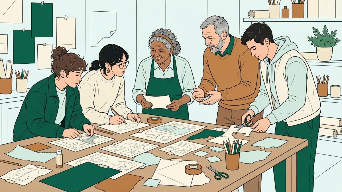 Atelier de co-design : des étudiants et des habitants autour d'une grande table couverte d'affiches et de maquettes en cours de discussion.