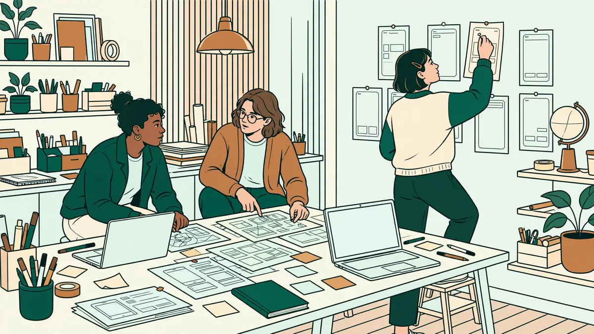 Illustration dessinée : trois étudiants autour d'une grande table couverte de croquis d'écrans, l'un punaise des maquettes papier au mur, des ordinateurs montrent des mises en page simples.