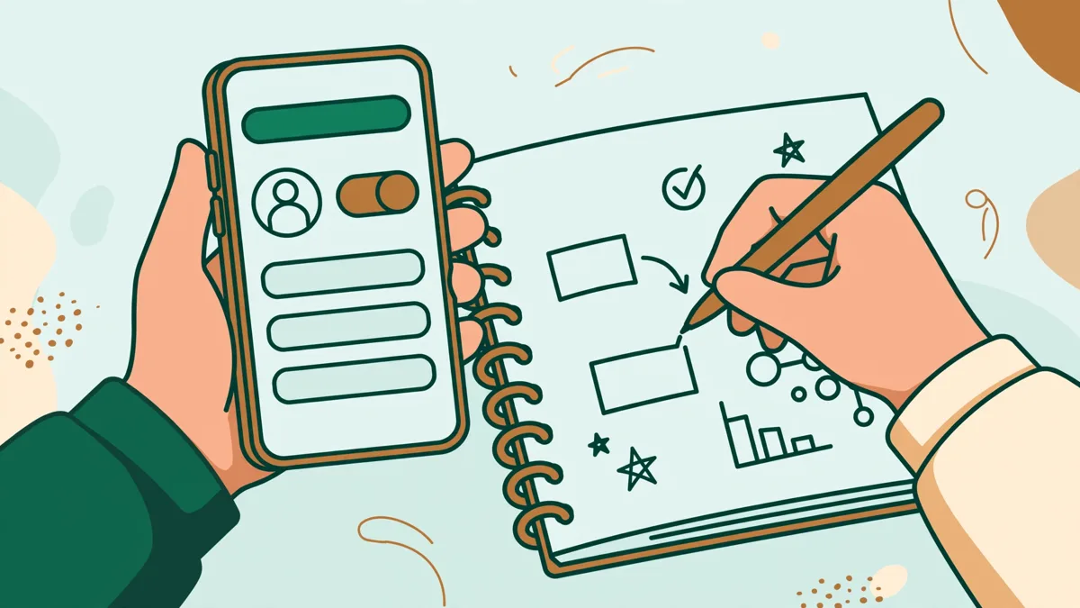 Illustration dessinée : deux étudiants en test d'usage, l'un tient un téléphone avec un prototype d'appli, l'autre prend des notes dans un carnet.