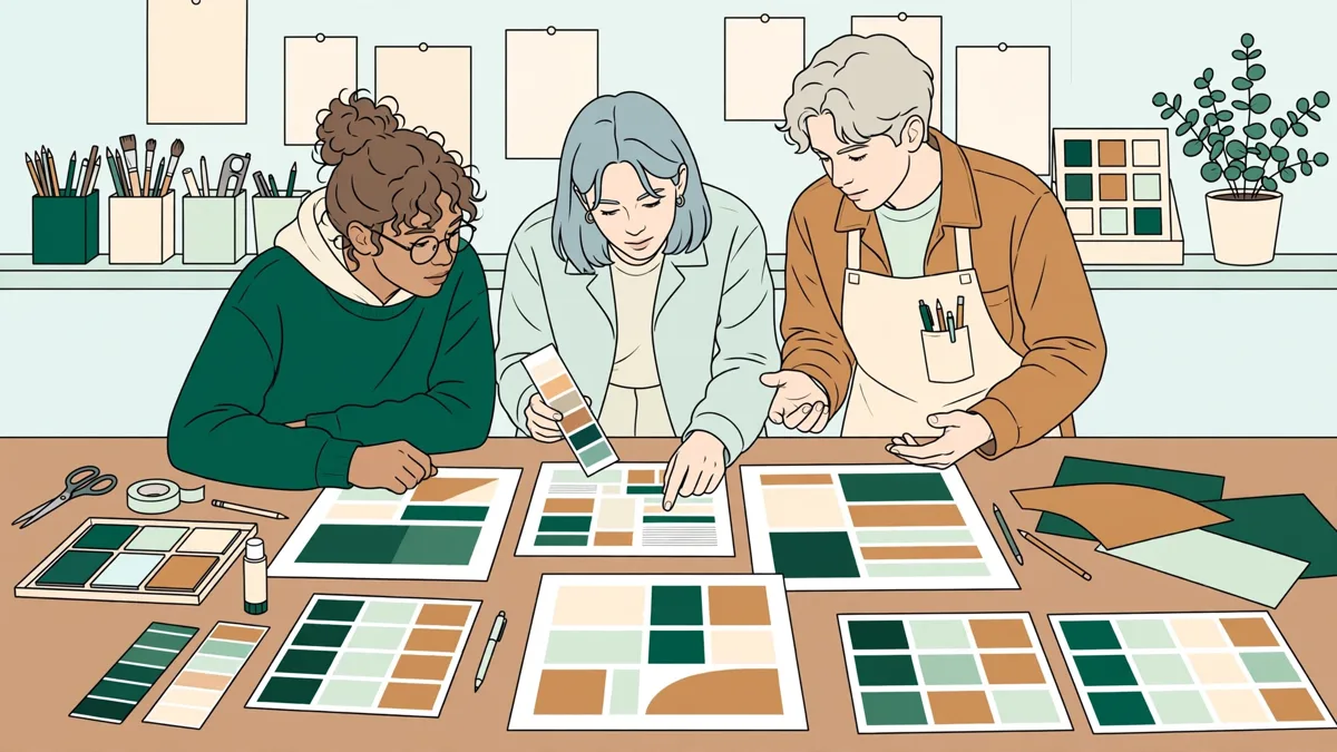 Trois étudiants autour d'une grande table d'atelier en train de composer une affiche, épreuves punaisées au mur