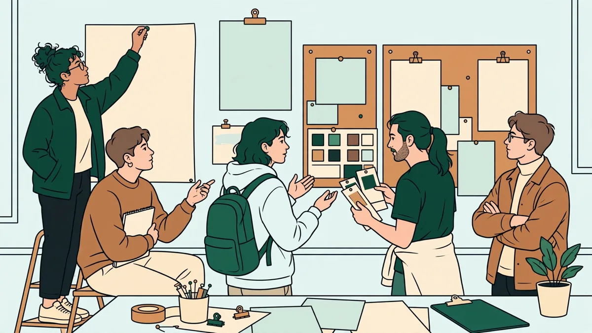 Des étudiants en design qui accrochent des affiches et des planches éditoriales au mur d'un atelier et en discutent ensemble