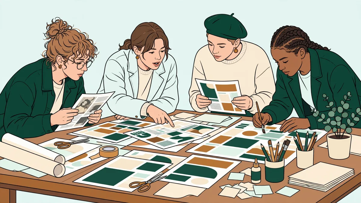 Des étudiants en design graphique autour d'une grande table d'atelier, en train de comparer des épreuves imprimées et une maquette à l'écran