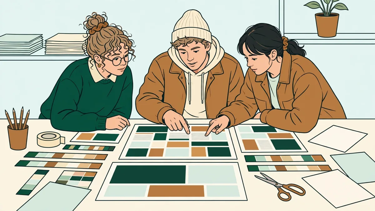 Trois étudiants en atelier autour d'une grande table, en train de mettre en page une maquette de revue avec épreuves papier et écran.