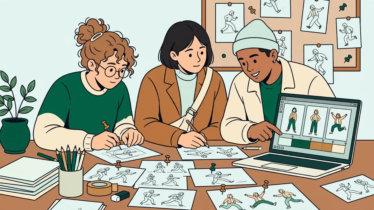 Trois étudiants en atelier autour d'une grande table qui préparent un storyboard animé avec des dessins épinglés et un ordinateur portable