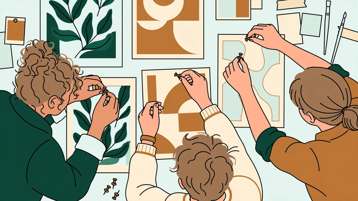 Trois étudiants en atelier qui accrochent des affiches et des panneaux d'exposition au mur pour comparer leurs maquettes