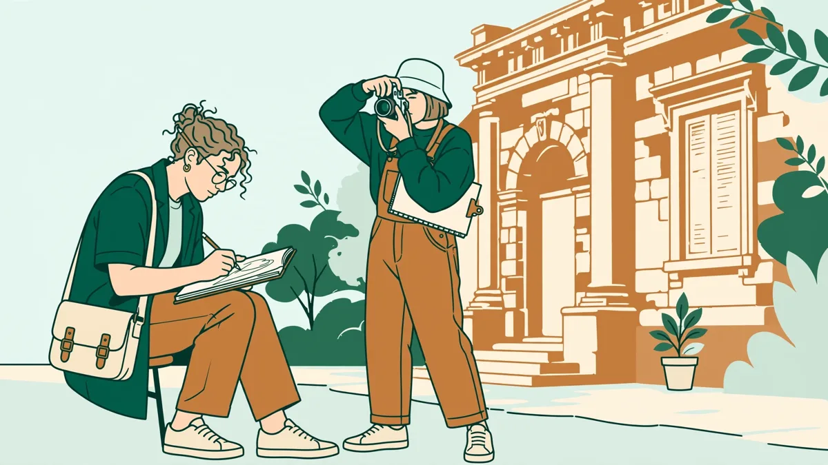 Deux étudiantes en extérieur qui dessinent au carnet un vieux bâtiment en pierre et photographient des détails