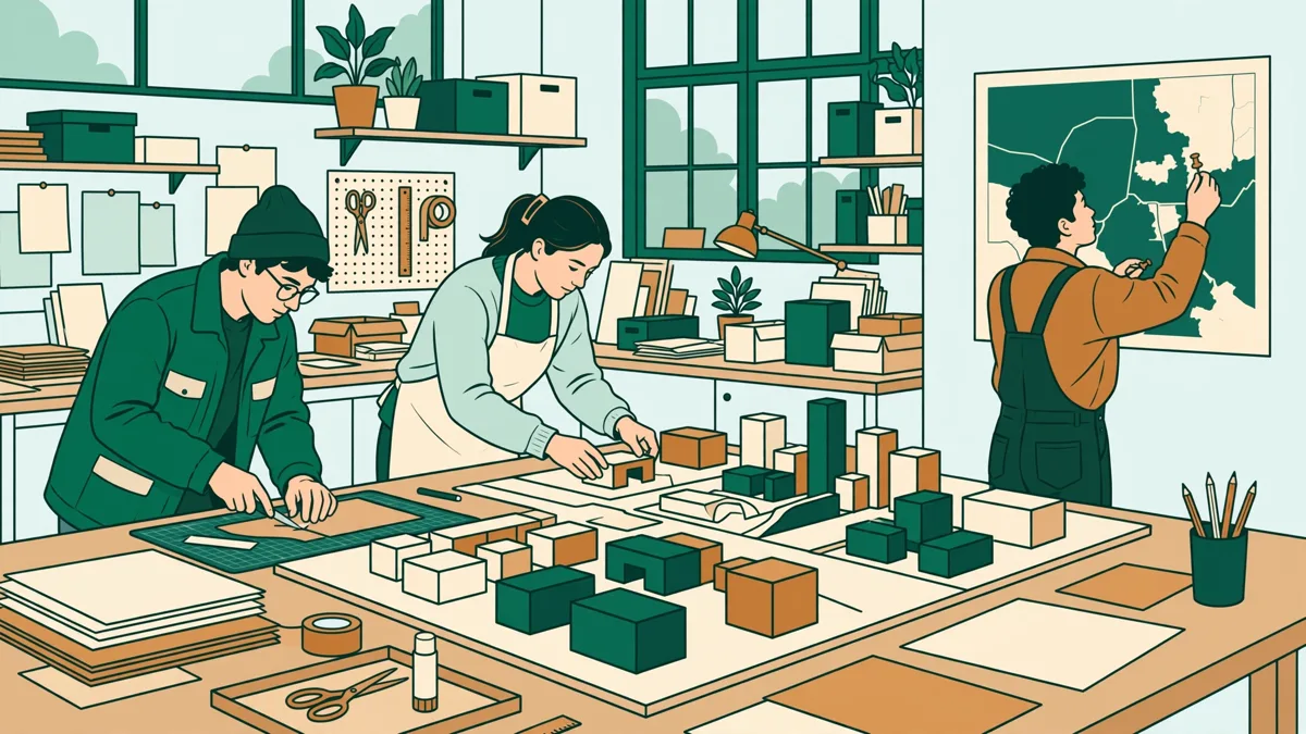 Trois étudiants assemblant une grande maquette d'exposition avec affiches, cartes et volumes en carton dans un atelier