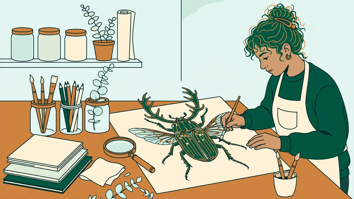Une étudiante en train de dessiner une grande planche d'insecte au crayon, entourée de bocaux, loupe et carnets en atelier