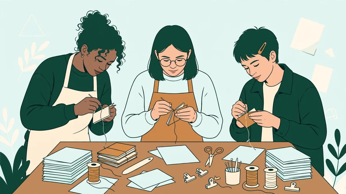 Trois étudiantes autour d'une table d'atelier en train de plier, coudre et relier des petits livres fabriqués à la main.