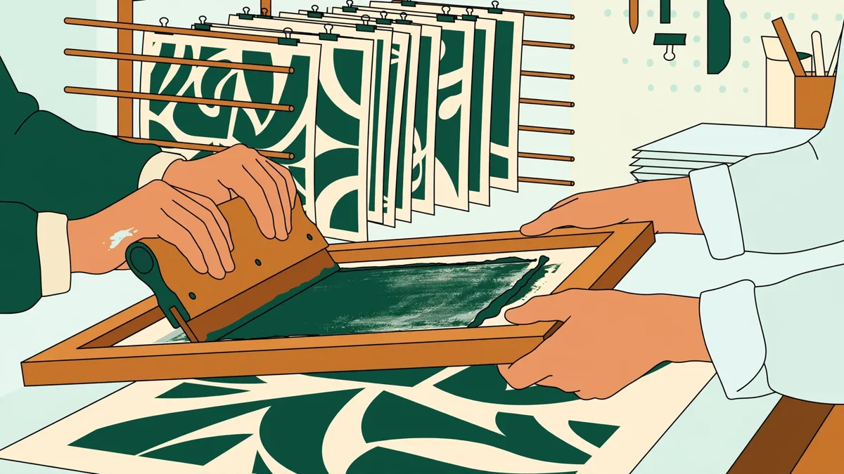 Étudiantes en train de tirer une affiche en sérigraphie dans un atelier, l'une encrant l'écran pendant que l'autre observe l'épreuve.