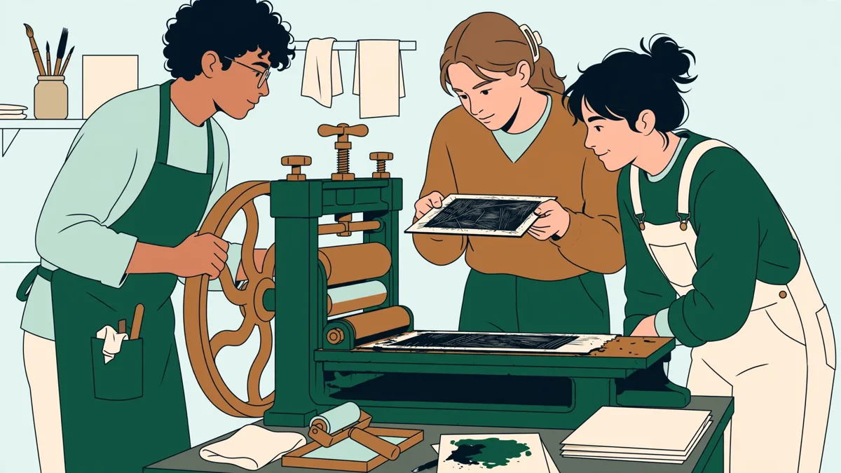 Trois étudiants autour d'une presse à gravure en atelier, l'un tourne la manivelle pendant qu'une autre tient la plaque encrée