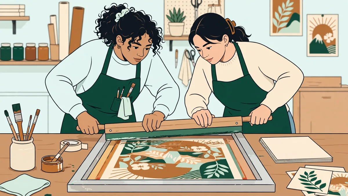 Deux étudiantes en tablier tirant une raclette sur un écran de sérigraphie posé sur une table d'impression, une affiche colorée qui apparaît en dessous