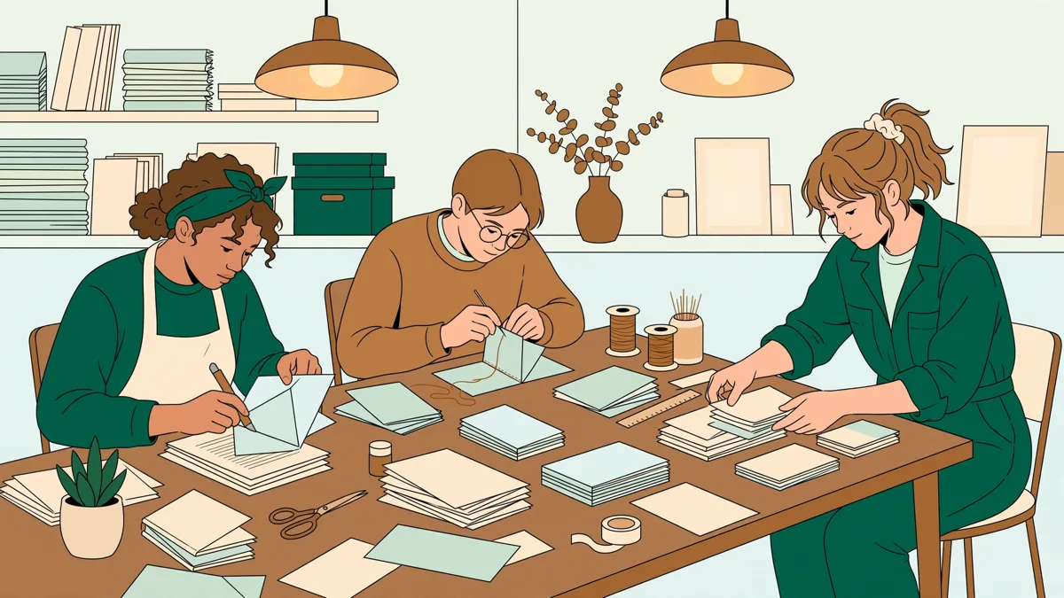 Trois étudiants autour d'une grande table assemblent des petits livres d'artiste : piles d'estampes, pliage des cahiers, couture d'une reliure.