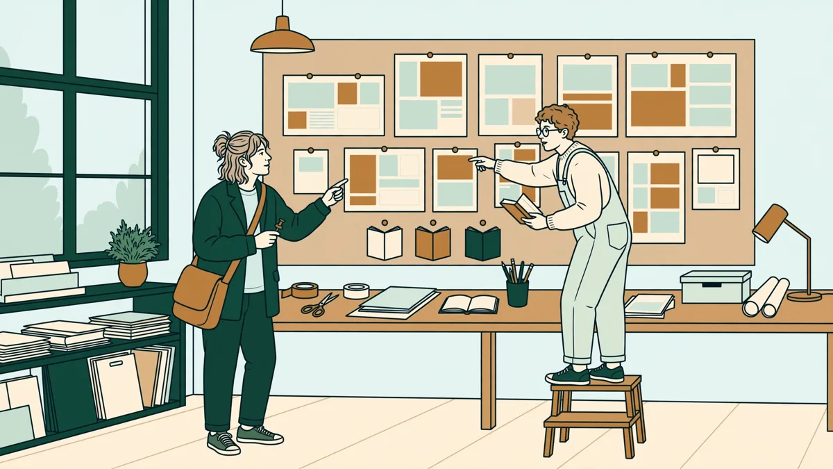 Deux étudiants comparant des épreuves imprimées et des prototypes de livres punaisés sur un mur d'atelier