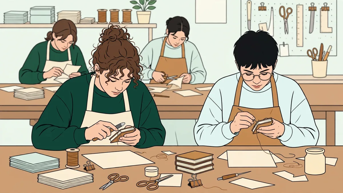Étudiantes en train de relier et d'assembler des livres fabriqués à la main autour d'une grande table d'atelier