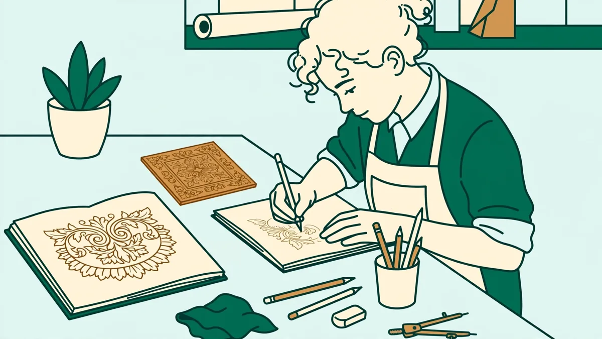 Un étudiant qui dessine un motif ornemental dans un carnet, à côté d'une plaque de métal ciselée.