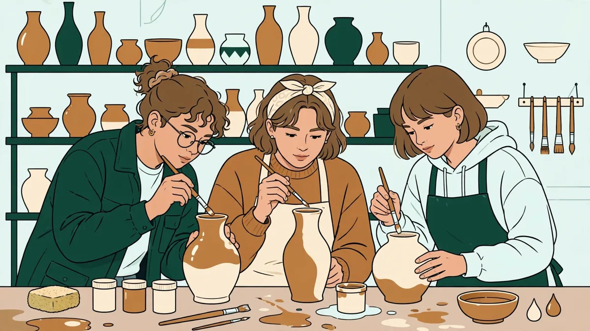 Étudiantes en train d'émailler des vases en céramique avant la cuisson dans un atelier