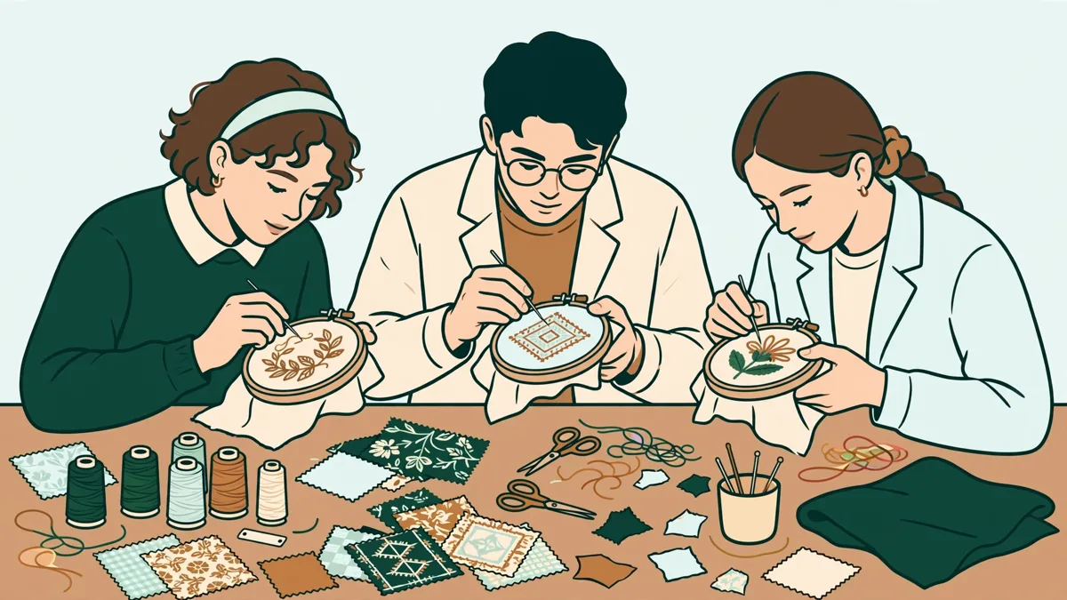 Trois étudiantes autour d'une grande table d'atelier en train de broder à la main sur des tambours, fils colorés et échantillons de tissus étalés devant elles