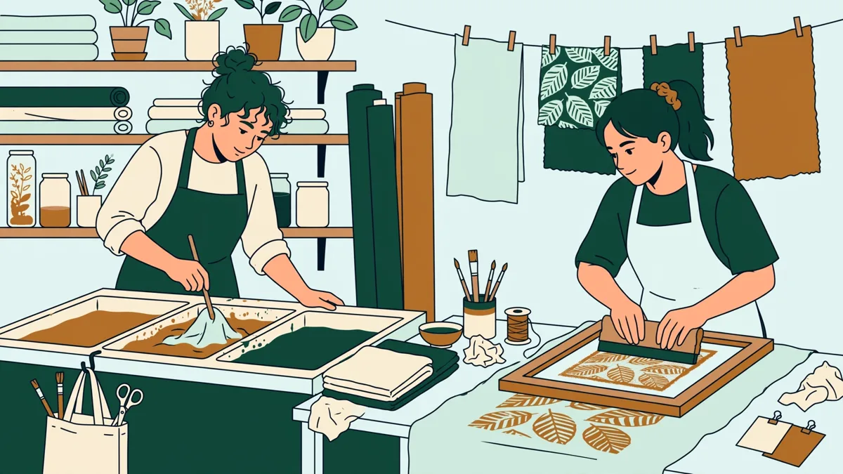 Deux étudiants en train de teindre et d'imprimer des échantillons de tissu dans un atelier, bacs de teinture et cadres de sérigraphie autour d'eux