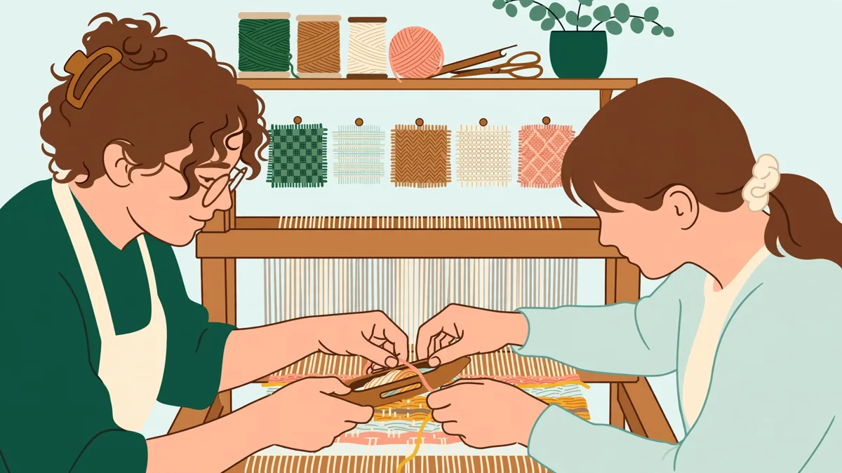 Deux étudiantes tissant sur des métiers à tisser en bois dans un atelier textile lumineux, gros plan sur les mains qui passent les fils de trame.