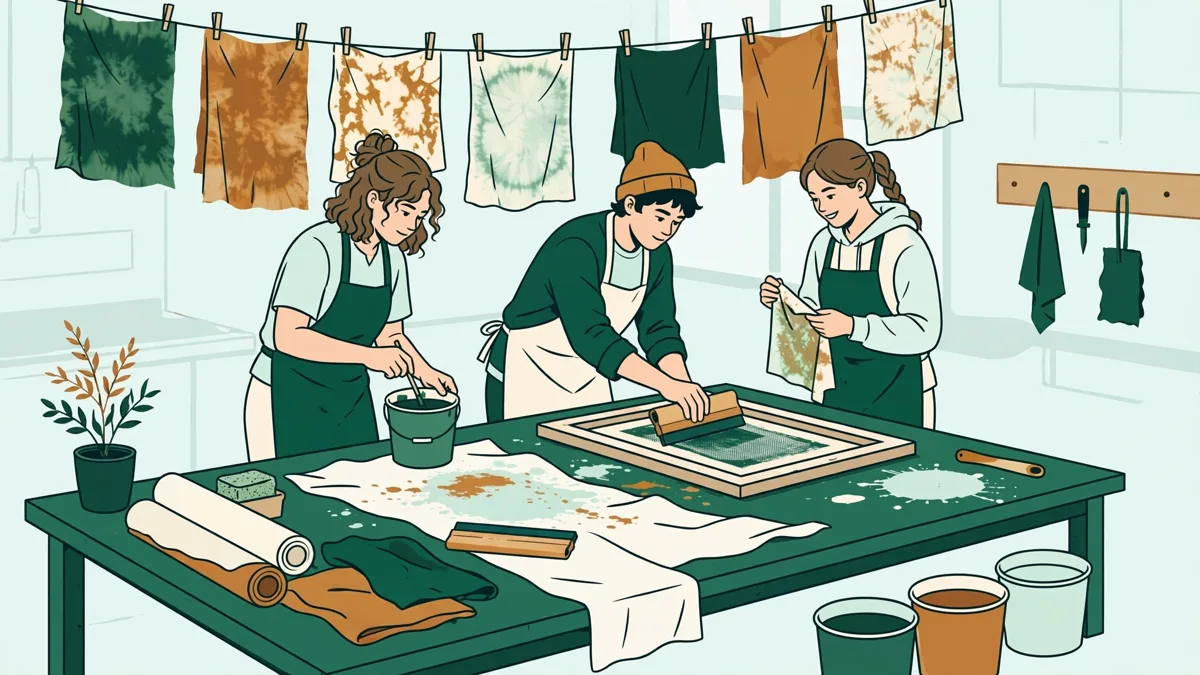 Trois étudiants autour d'une grande table teintant et imprimant des longueurs de tissu, échantillons colorés suspendus au-dessus de l'atelier.