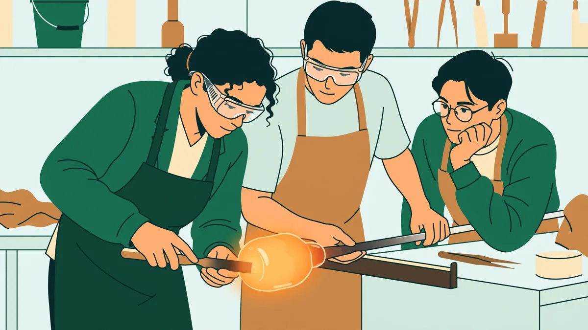 Deux étudiants en atelier verre travaillent un tube de verre incandescent à la canne pendant qu'une troisième observe et prend des notes