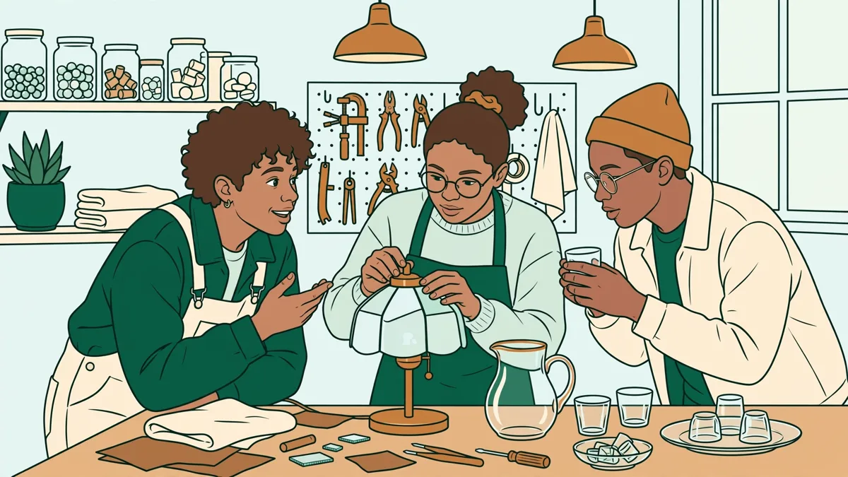 Trois étudiants présentent une lampe en verre et des verres de table qu'ils viennent de fabriquer, autour d'un établi d'atelier
