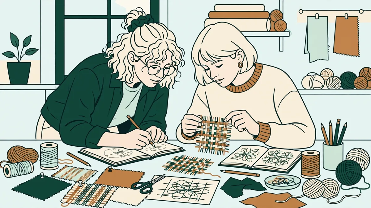 Deux étudiants penchés sur une table couverte d'échantillons de tissus, de fils et de carnets de croquis.