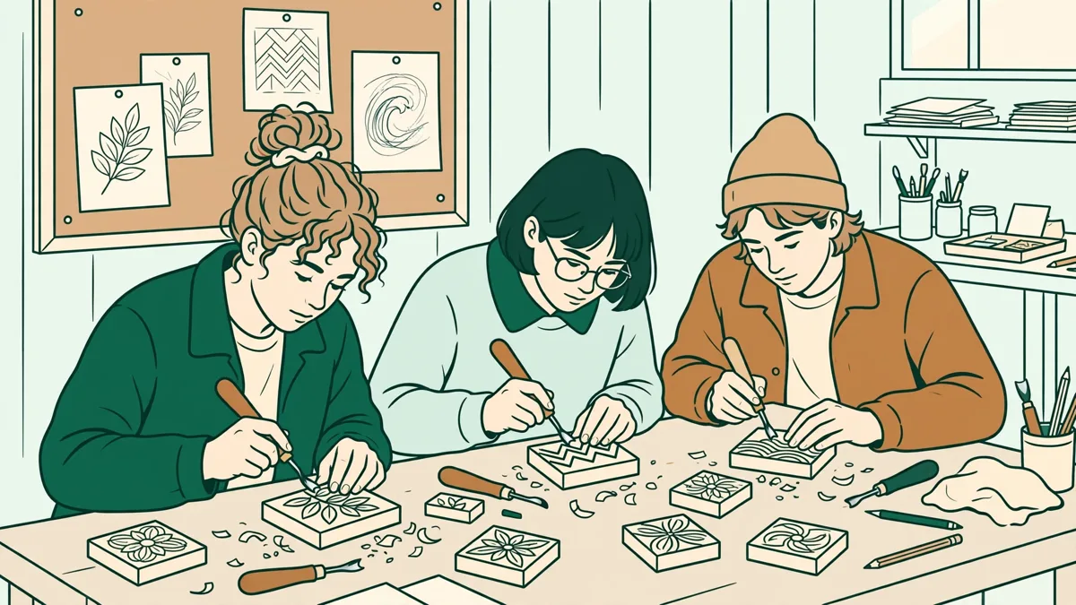 Trois étudiants en atelier en train de graver des motifs en relief, outils en main, copeaux et croquis autour d'eux