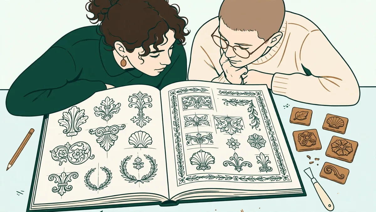 Deux étudiantes penchées sur un carnet avec des études de motifs en relief et des essais de volume posés à côté