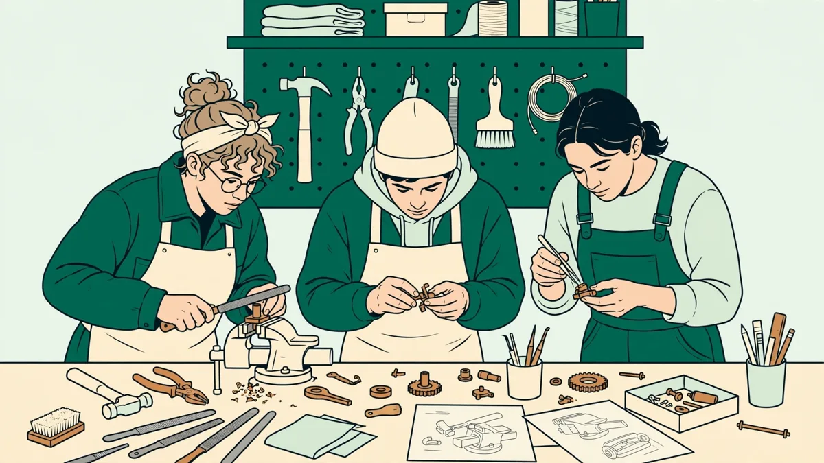 Étudiants en atelier métal en train de limer et d'assembler une petite monture en bronze sur un établi