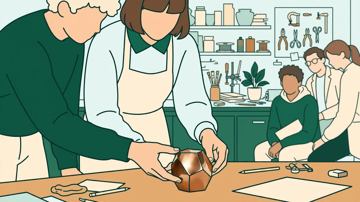 Étudiants présentant un petit objet en métal poli sur une table lors d'une critique en studio