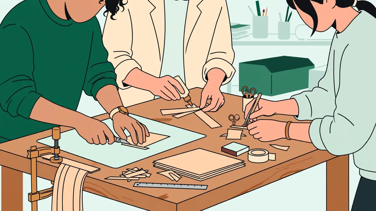 Trois étudiants autour d'un établi découpent et assemblent des feuilles de placage pour une marqueterie