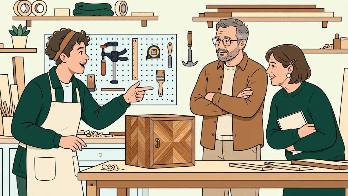 Une étudiante présente un petit meuble marqueté devant deux enseignants dans un atelier