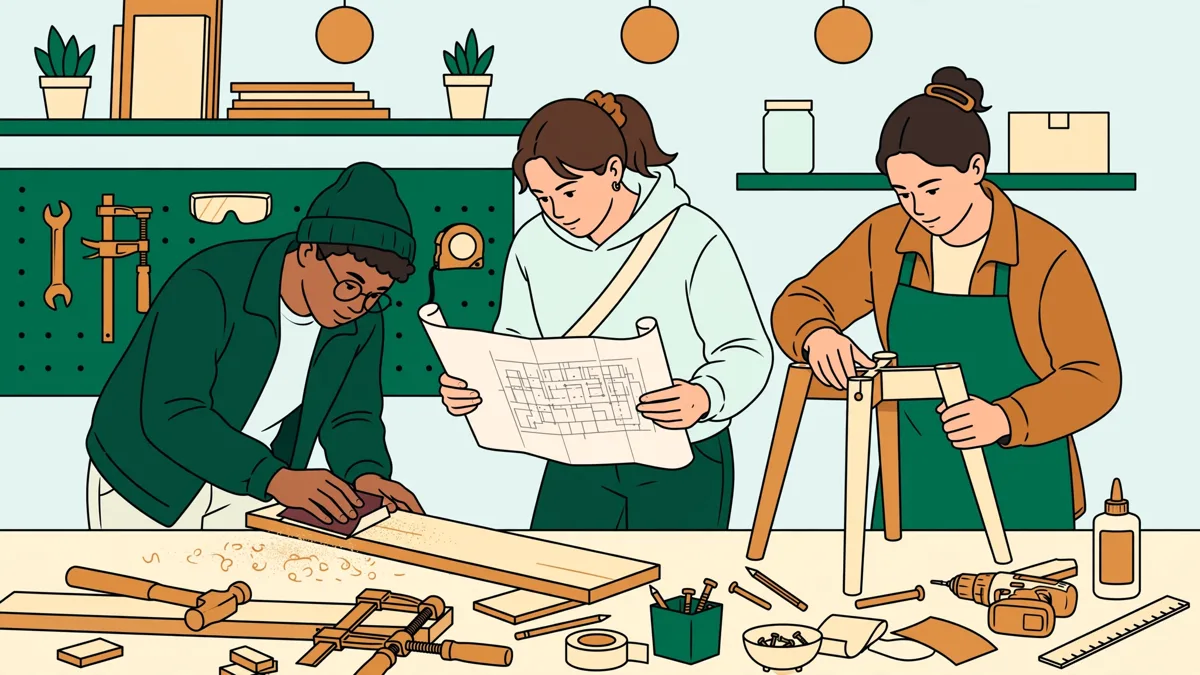 Trois étudiants en atelier autour d'une petite assise en bois en cours de fabrication, l'un ponce, l'autre vérifie un plan, outils et copeaux sur l'établi