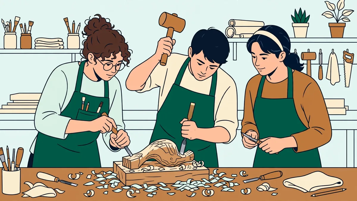 Trois étudiants en tablier sculptent un volume en bois à l'établi, l'une taille au ciseau à bois et au maillet, un autre observe le profil, copeaux au sol