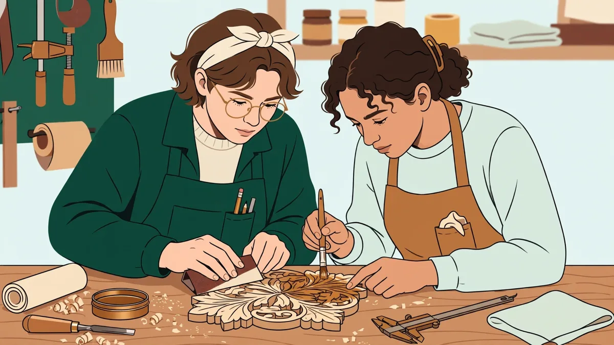Deux étudiantes en atelier poncent et finissent un décor en bois sculpté posé sur un établi, l'une tient la pièce, l'autre passe l'abrasif sur une moulure