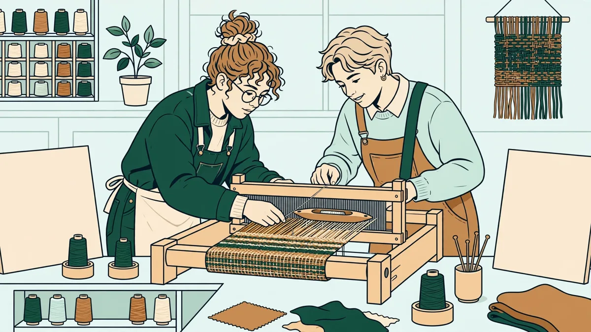 Deux étudiantes en train de régler un métier à tisser dans un atelier textile lumineux, avec des bobines de fil et des échantillons accrochés.