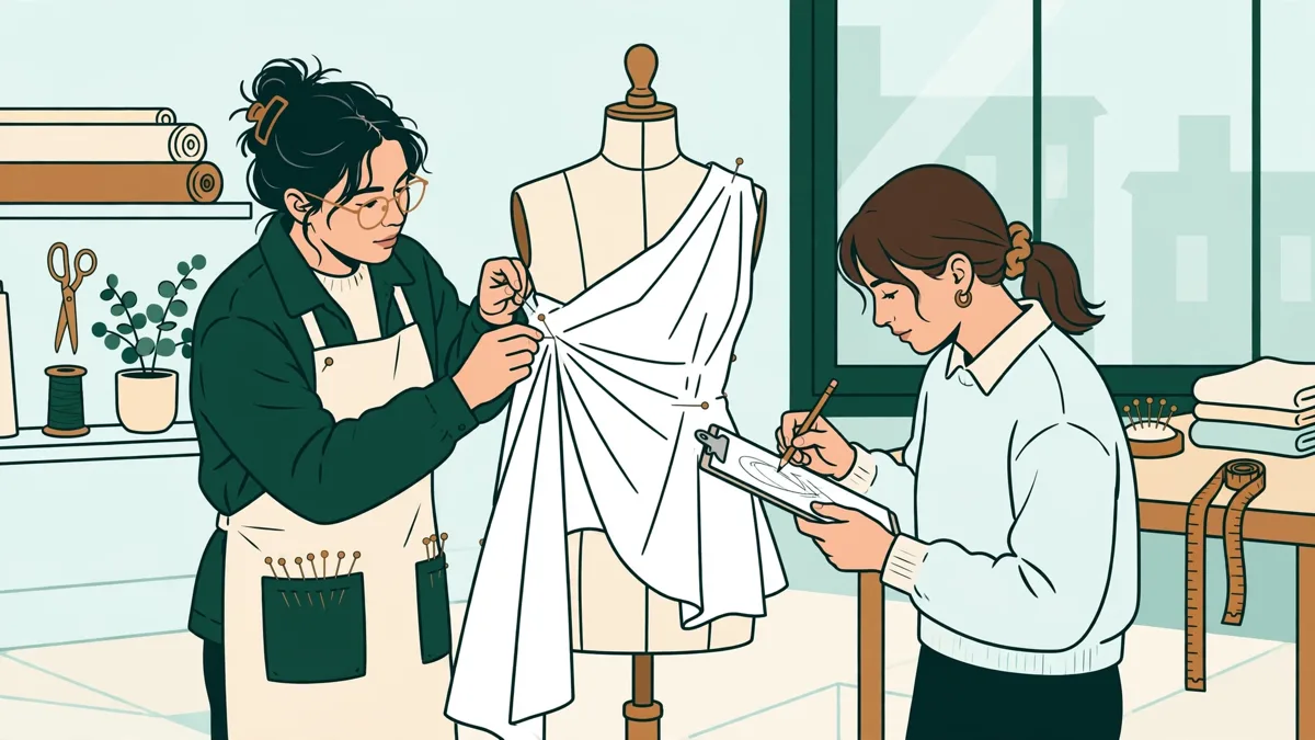 Deux étudiantes en atelier de mode drapent une toile blanche sur un mannequin de couture, l'une épingle le tissu pendant que l'autre trace un patron.