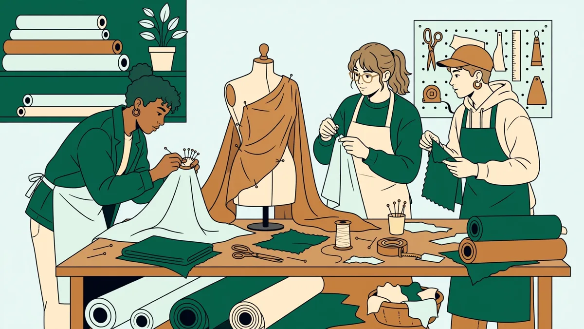 Trois étudiants en mode autour d'une table d'atelier testant des tissus sur un mannequin de couture, l'un drape, l'autre épingle