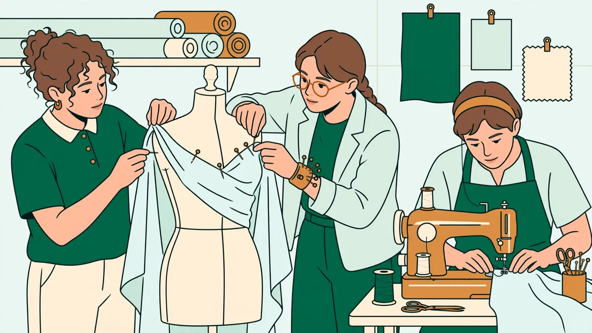 Étudiantes en atelier mode drapant un tissu sur un mannequin et cousant une toile