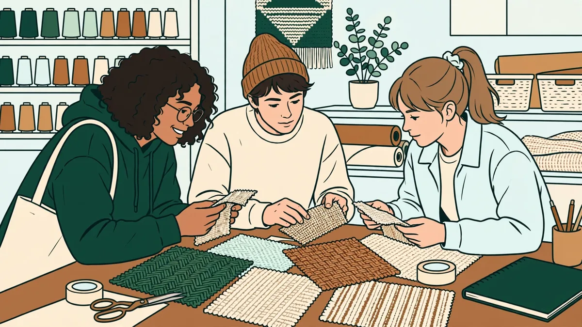 Trois étudiants autour d'une table qui comparent des échantillons de tissus tissés aux couleurs et textures différentes