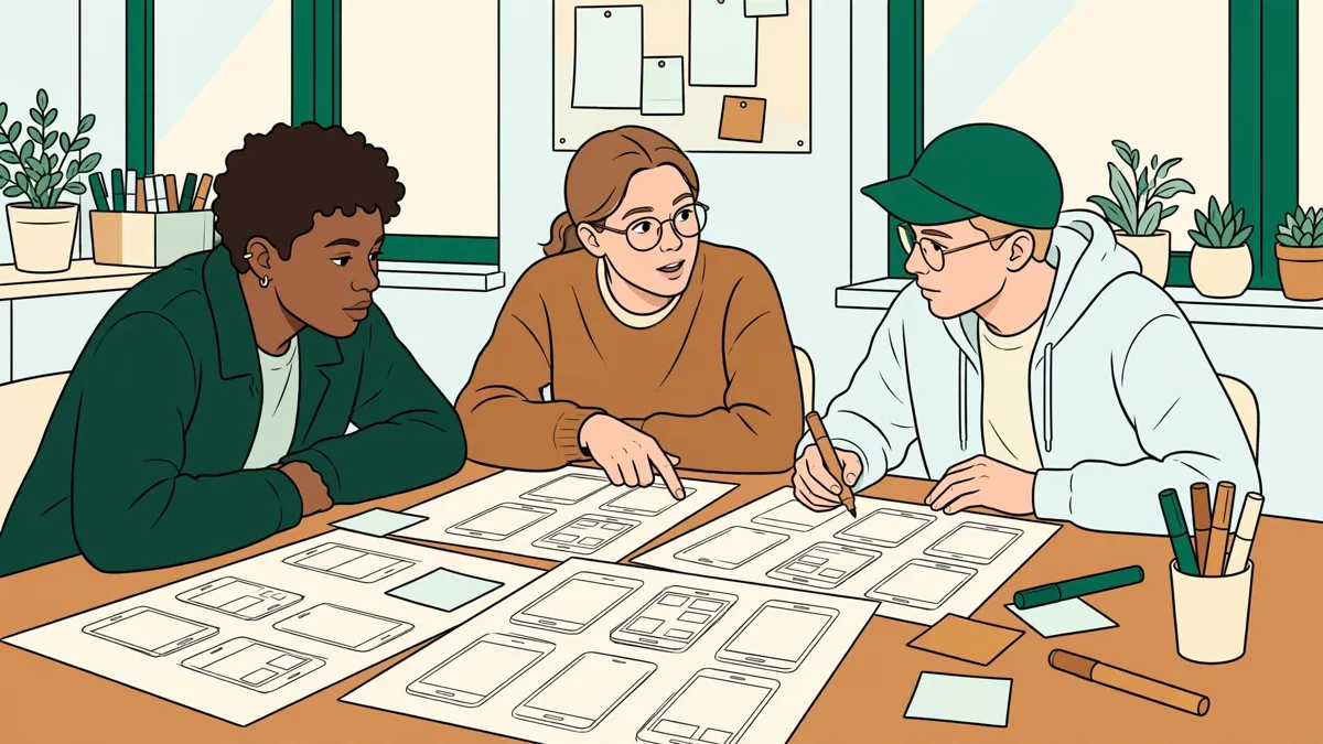 Trois étudiants autour d'une table qui comparent des maquettes papier d'appli mobile, feutres et notes adhésives posés devant eux.