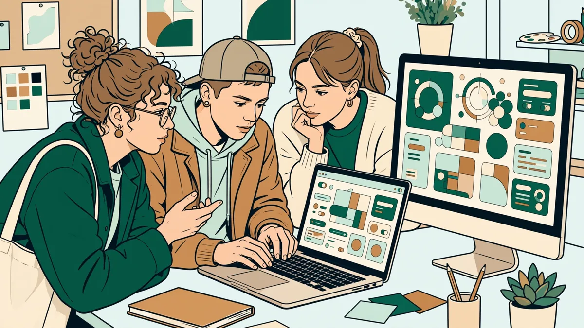 Trois étudiants autour d'un écran qui testent un prototype coloré, l'un au clavier, les autres qui annotent et discutent.