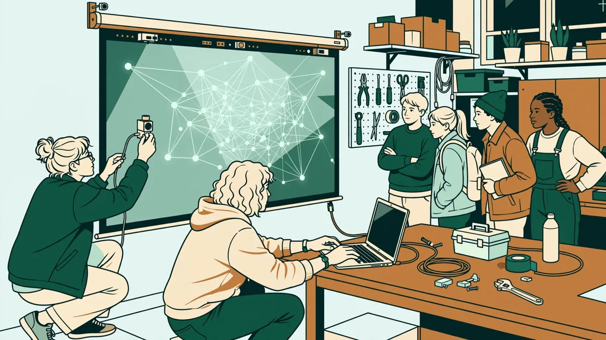 Deux étudiantes qui règlent une installation interactive projetée au mur, ordinateur portable ouvert à côté, camarades qui observent.