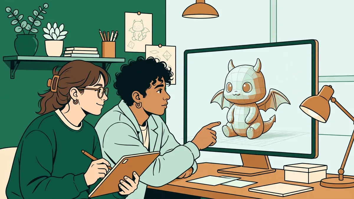 Deux étudiantes devant un grand écran qui modélisent ensemble un petit personnage en 3D, l'une à la tablette graphique, l'autre qui pointe une forme.