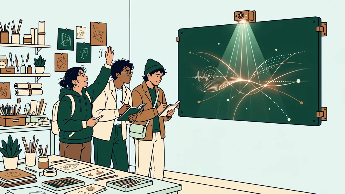Trois étudiants qui testent un prototype interactif projeté au mur, l'un qui lève la main devant un capteur pendant que les autres observent.